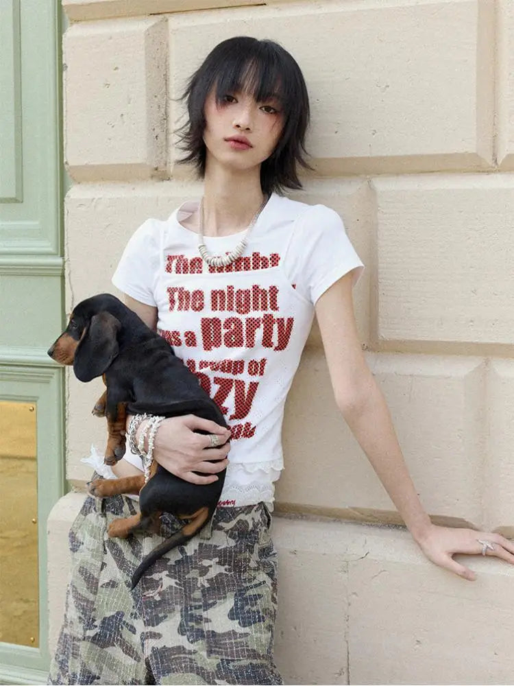 Chic Dollette Print Buchstaben Damen T-Shirt Kurzarm Sommer Oberteil 2000er Kleidung Grafik T-Shirts Weibliche Koreanische Mode Streetwear