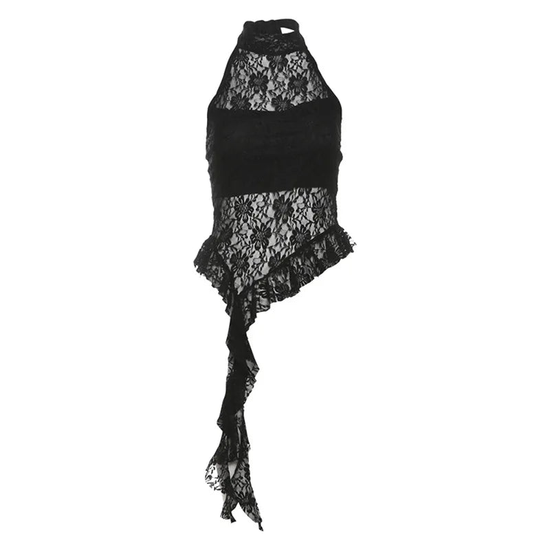 Chic Dollette Débardeur en dentelle noir sexy, haut d'été, T-shirt sans manches, vêtements années 2000, coupe ajustée, évidé, débardeurs gothiques, vêtements