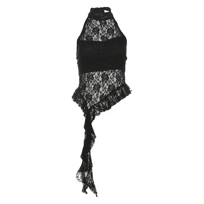 Chic Dollette Débardeur en dentelle noir sexy, haut d'été, T-shirt sans manches, vêtements années 2000, coupe ajustée, évidé, débardeurs gothiques, vêtements