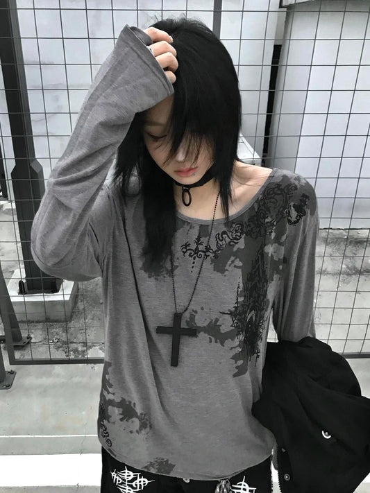 T-shirt Chic Dollette à imprimé gothique Manches longues Décontracté Vintage Grunge Top T-shirt Streetwear Rétro Américain Fairycore