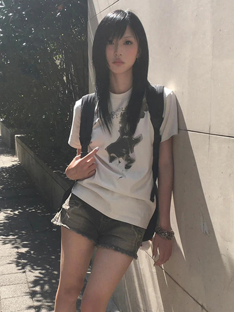Chic Dollette  Japanese Print Cotton T Shirt Women Short Sleeve Graphic Tops Streetweaer American Retro Vintage Tops Tee E-girls