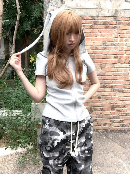 Chic Dollette Preppy Style Gray Printing Casual Cute Rabbit's Ears Hoodie Summer Grunge Zipper Sweatshirts Women Y2k Aesthetic Slim Fit Hoody