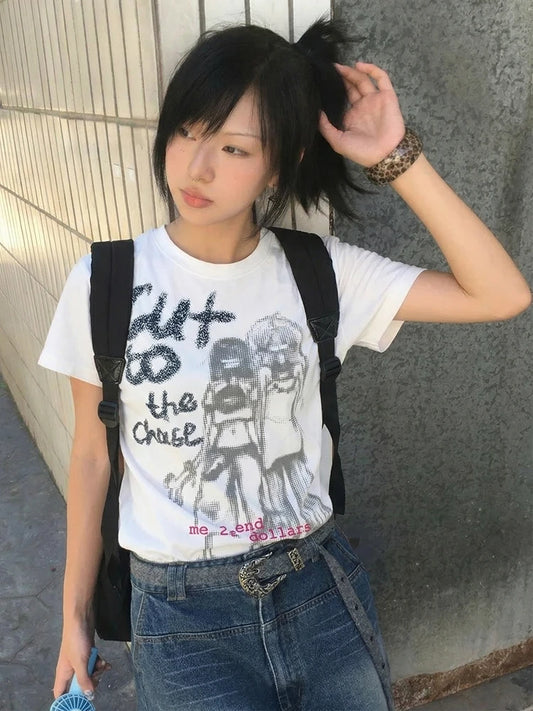 Chic Dollette Harajuku Graphic Print Top Summer Y2k Aesthetics Top Vintage Punk Tee Casual Short Sleeve T-shirt Japanese 2000s