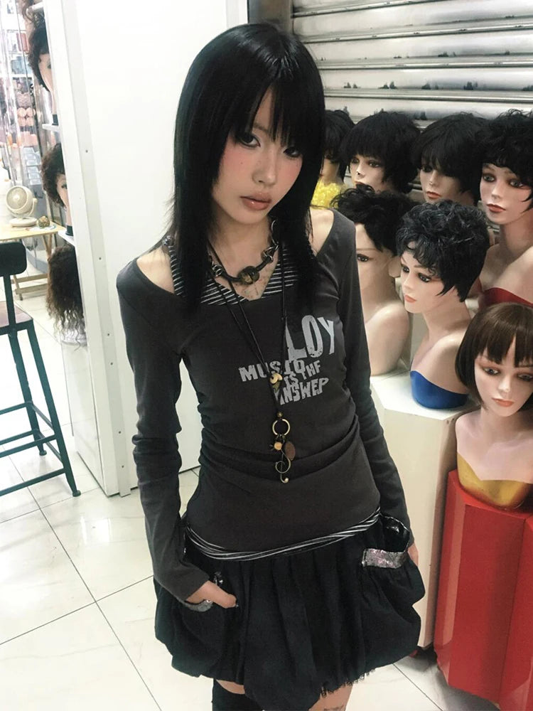 Chic Dollette Japanisches T-Shirt Patchwork Fake Two Pieces Top Streetwear Vintage Grunge Grafik-Top Herbst Amerikanischer Retro
