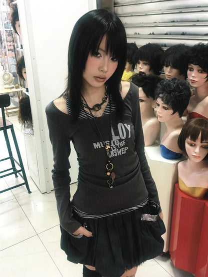 Chic Dollette Japanisches T-Shirt Patchwork Fake Two Pieces Top Streetwear Vintage Grunge Grafik-Top Herbst Amerikanischer Retro
