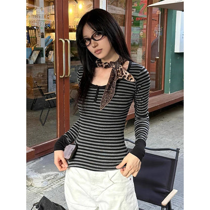 Chic Dollette Lässiges gestreiftes Damen T-Shirt Langarm Koreanische Mode 2000er Kleidung T-Shirts Damenbekleidung Herbst Top T-Shirt