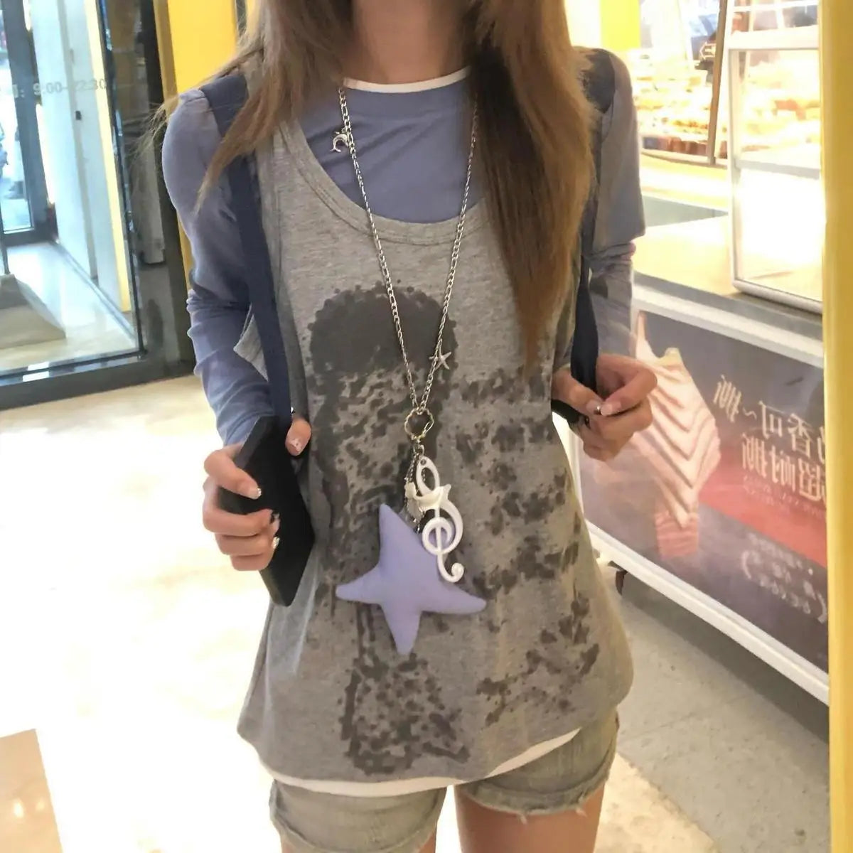 Chic Dollette Two Piece Sets Patchwork Star Printing Long Sleeve T-Shirt + Vintage Cartoon Sleeveless Vest Female Grunge Suit