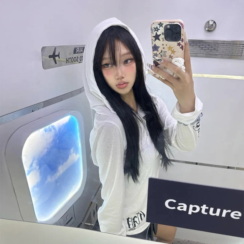 Chic Dollette  American Retro T-shirt Hooded Print Graphic Top  Vintage Top Streetwear Japanese 2000s Grunge Top E-girls