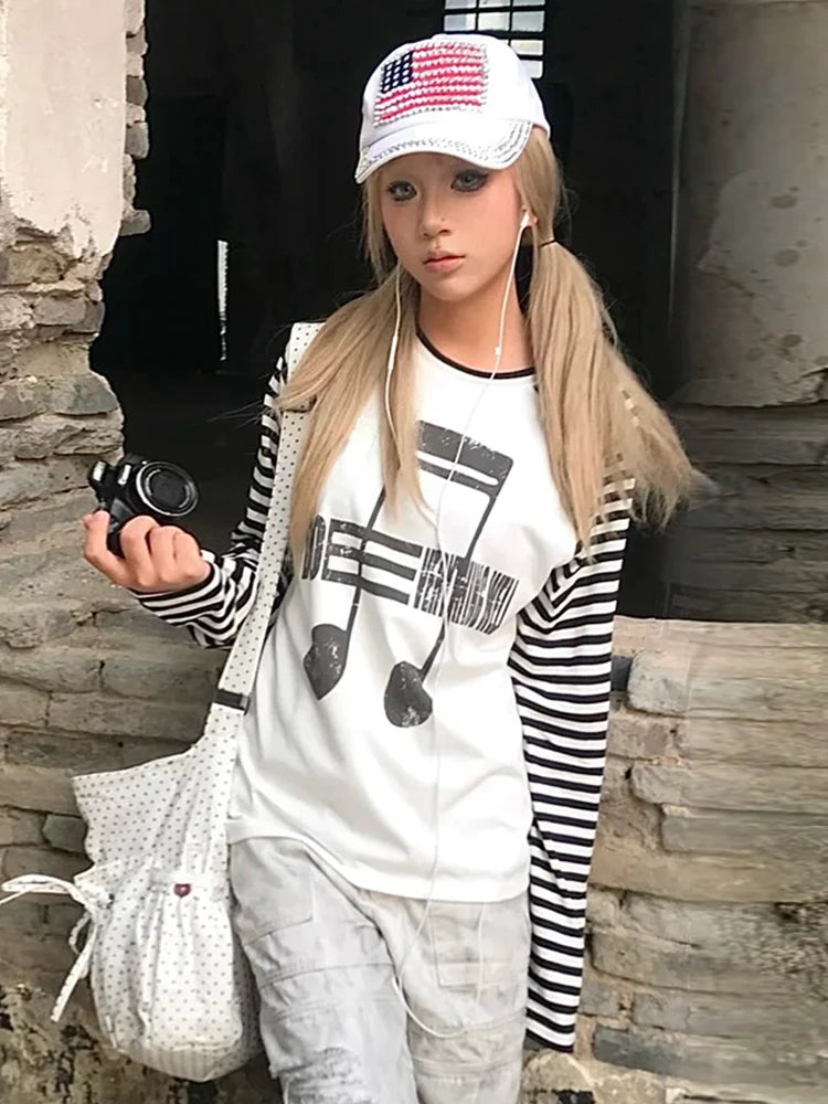 T-shirt Patchwork Imprimé Chic Dollette Japonais Années 2000 Top Graphique Streetwear Vintage Grunge Américain Rétro