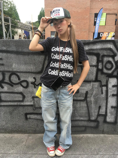 Chic Dollette Aesthetic 2000s Striped T Shirt Women Short Sleeve Letter Print Tee Tops Y2k Vingtage Tops American Retro 90s Tshirts