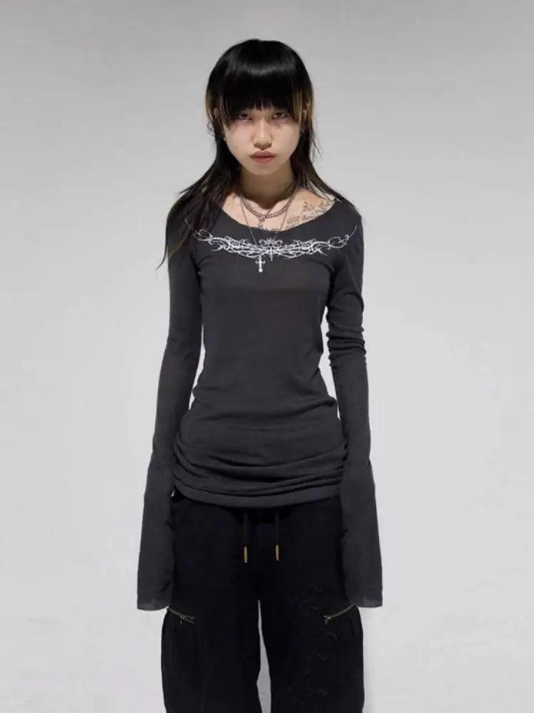 T-shirt Chic Dollette Imprimé Vintage Manches Longues Moulant Transparent Rétro Américain Années 90 Tee Top Streetwear Graphique