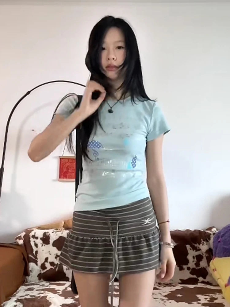 Chic Dollette Y2k Aesthetic T-shirt Women Slim Print Graphic Tops Streetwear Japanese 2000s Crop Tops Short Sleeve Tshirts E-girls