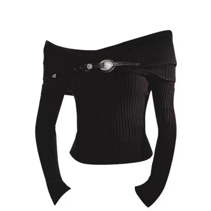 Chic Dollette Schwarzer schulterfreier Pullover Strickwaren Langarm Jugendliche Frauenkleidung Damenpullover Herbst Top Goth Pullover