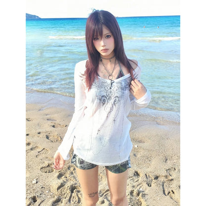 Chic Dollette  American Retro T Shirt Slim See Through Print Graphic Top  Japanese Grunge Top Streetwear Tee Top E-girls