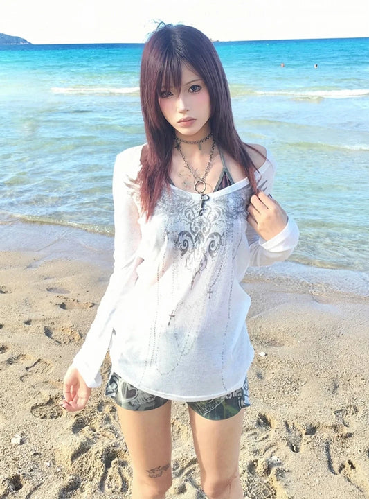 T-shirt rétro américain Chic Dollette, coupe ajustée, transparent, imprimé graphique, haut streetwear grunge japonais, pour E-girls
