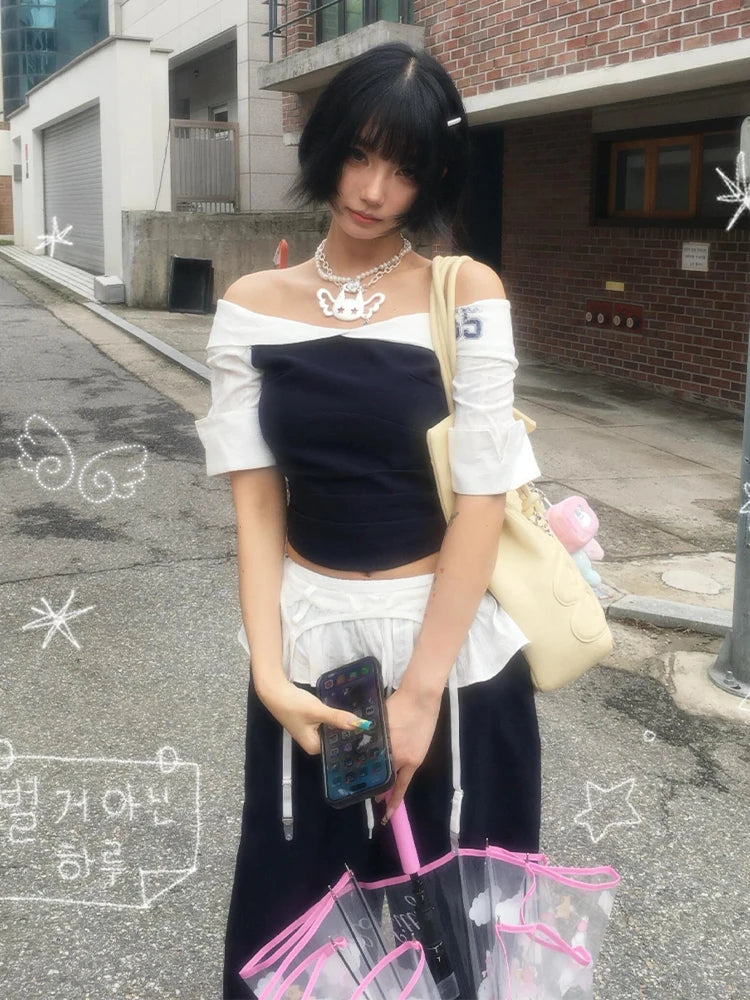 Schickes Dollette Harajuku Patchwork T-Shirt Dreiviertelarm Spanisches Shirt Vintage Crop Top Sommer Grunge Grafik-T-Shirts Japanische 2000er