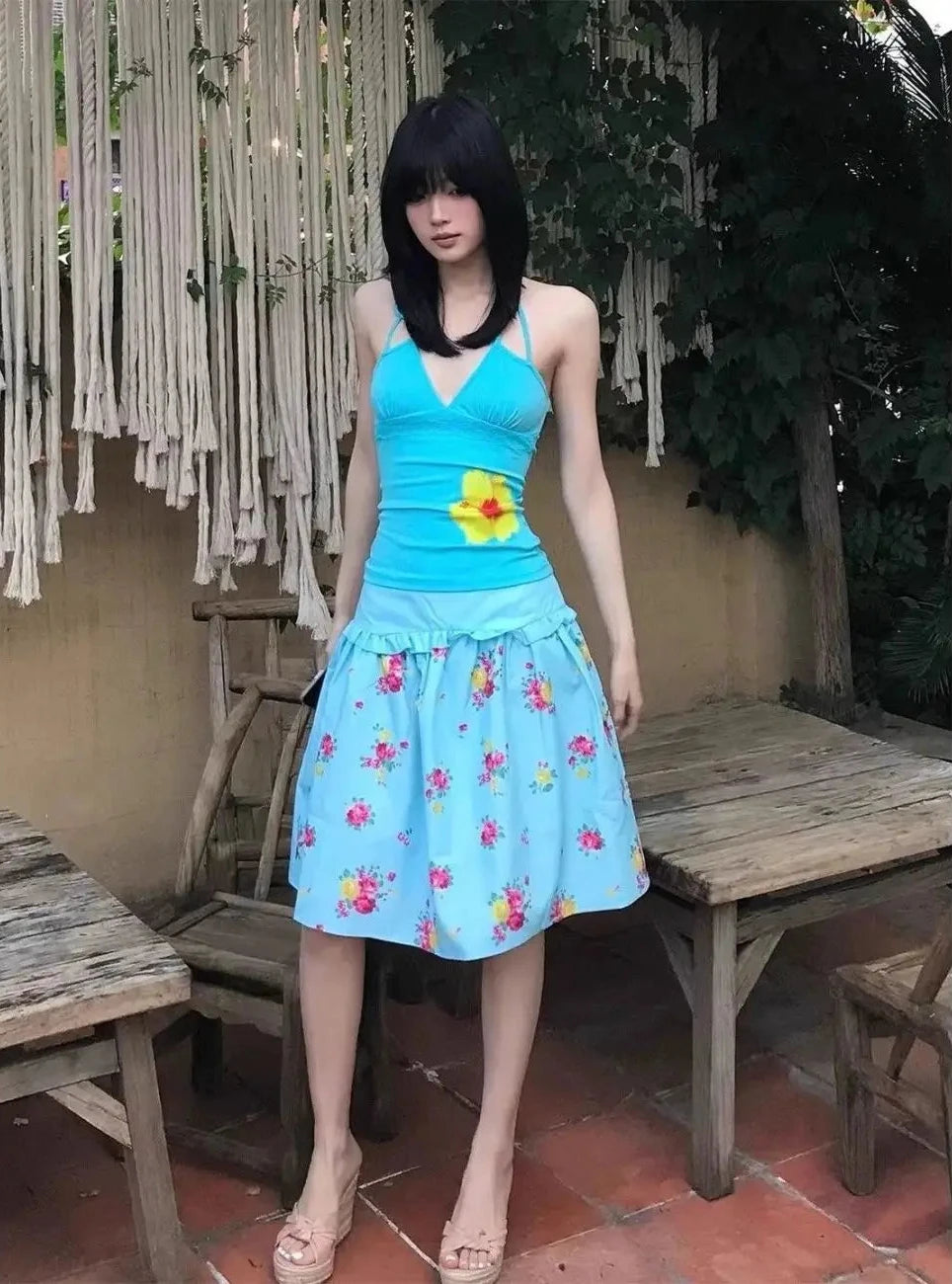 Chic Dollette Floral Print Halter Top Women Casual  Beaded Straps Lace Trim Slim Fit Tees Japnese Harajuku Streetwear 2026 Summer