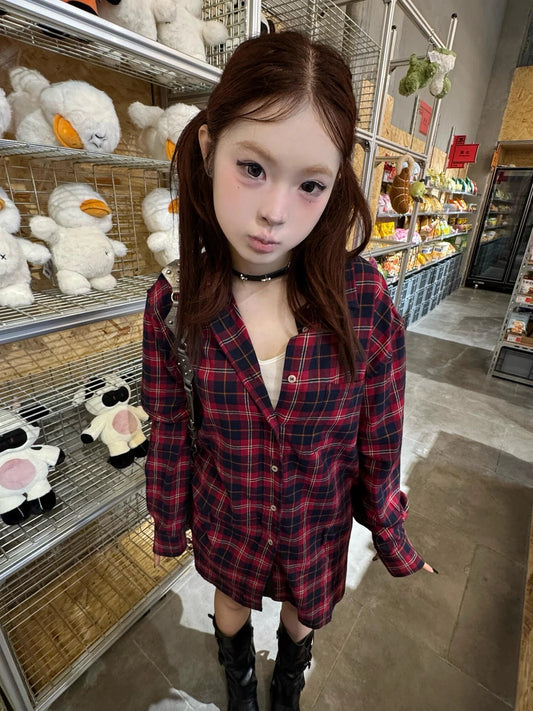 Chemise à carreaux vintage Chic Dollette à manches longues, ample et décontractée, style japonais des années 2000, haut grunge féerique, chemises streetwear