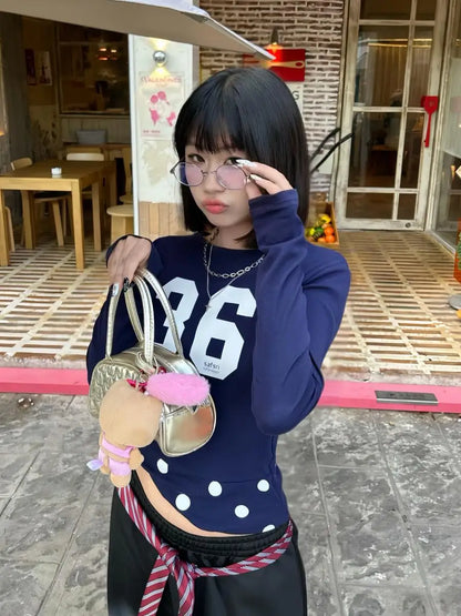 Schicke Dollette Streetwear Patchwork Tupfen Grafik T-Shirts Damen Kleidung Langarm Korean Fashion Tees Weibliche Kleidung 2000er Jahre Chic