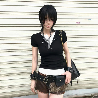 Chic Dollette  Vintage T Shirt Patchwork Short Sleeve Crop Top 2000s Japanese T-shirts Grunge Top American Retro Tee Top