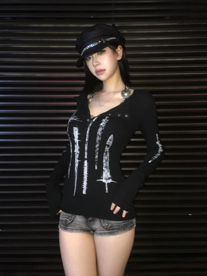 Chic Dollette Japanisches T-Shirt Aushöhlung Print Grafik Top Streetwear Vintage Grunge Top Amerikanische Retro T-Shirts 2000er