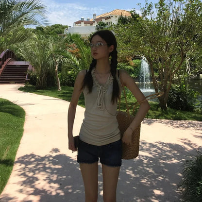 Chic Dollette Débardeur Japonais Sans Manches Col en V Crop Top Streetwear Rétro Américain Années 90 Camisole Dos Nu Été