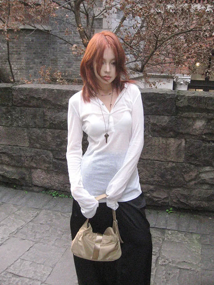 Chic Dollette Streetwear Weißer Kapuzen-T-Shirt mit Schnürung Langarm Koreanische Mode Sonnenschutz-Shirt Transparenter Sommer-Top 2000er Kleidung