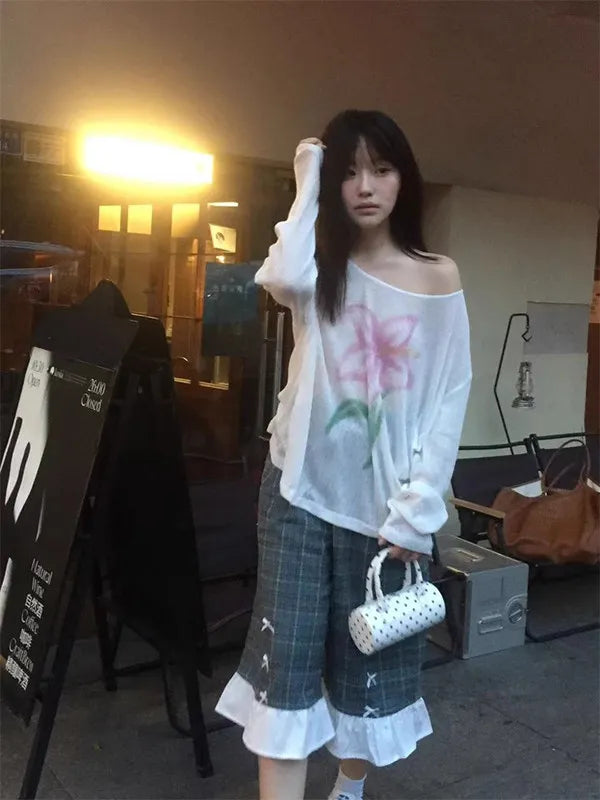Chic Dollette Japanischer Pullover Langarm Strick T-Shirt E-Girls Print Blumen T-Shirt Top 2000er Vintage Grunge Top