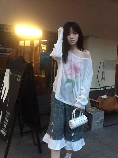 Chic Dollette Japanischer Pullover Langarm Strick T-Shirt E-Girls Print Blumen T-Shirt Top 2000er Vintage Grunge Top