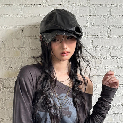 Chic Dollette Rivet Punk Leather Beret
