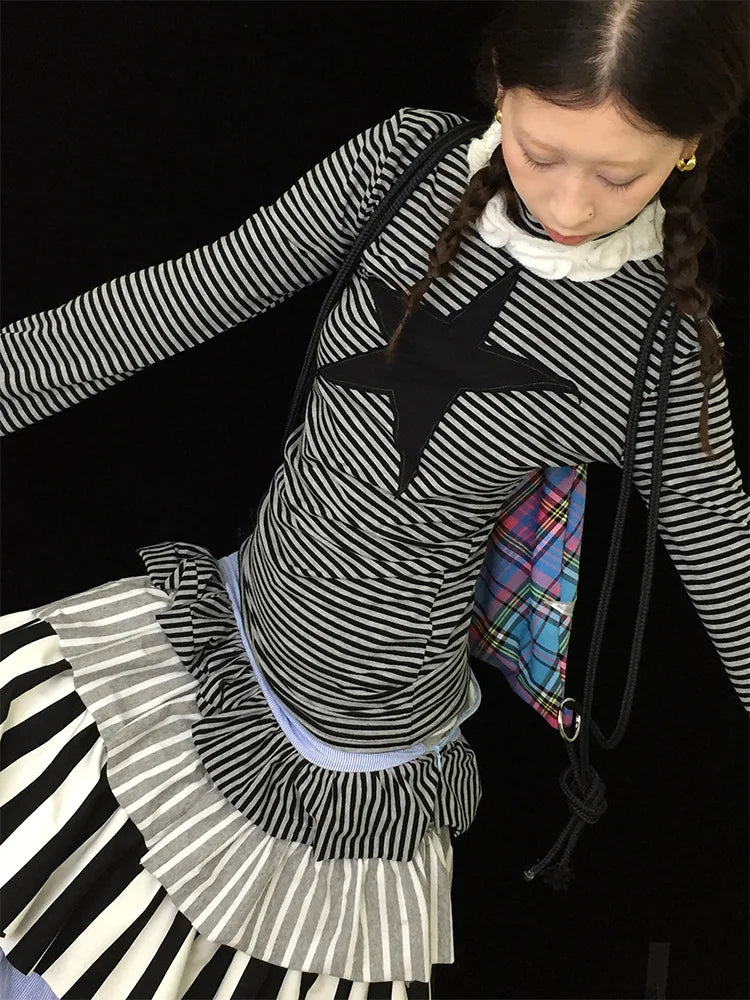 Chic Dollette Vintage Gestreifte Grafik T-Shirts Langarm Herbst Top Koreanische Mode T-Shirts Damen Kleidung 2000er Jahre Kleidung T-Shirt