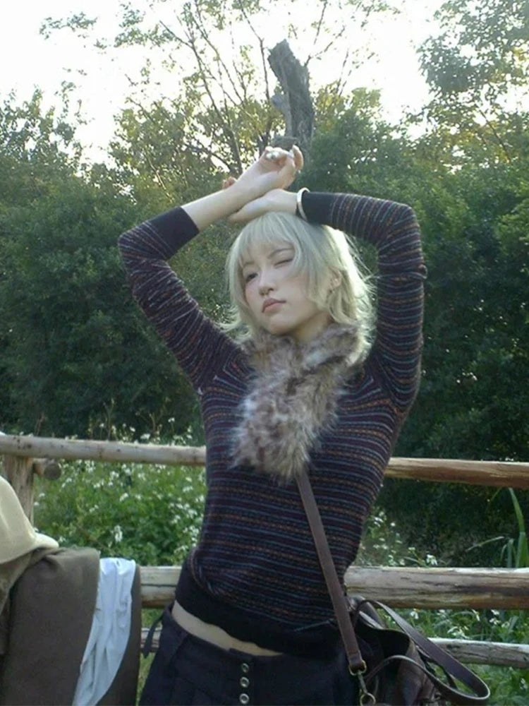 Chandail Chic Dollette à Manches Longues Rayé Pulls Grunge Japonais Années 2000 Haut Streetwear E-girls Tricot Mince