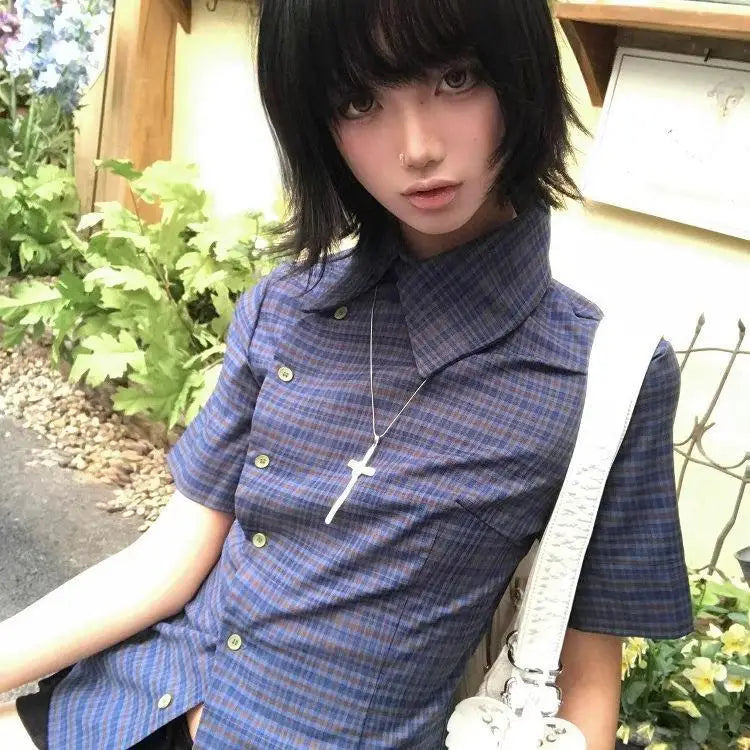 Chemise décontractée à carreaux vintage Chic Dollette à manches courtes Haut d'été japonais années 2000 Chemise irrégulière rétro américaine années 90