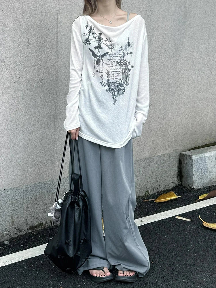 Chic Dollette Locker Bedruckte T-Shirts Langarm Dünn Transparent 2000er Kleidung Sommer Top Sonnenschutz Hemd T-Shirts Damenbekleidung Chic