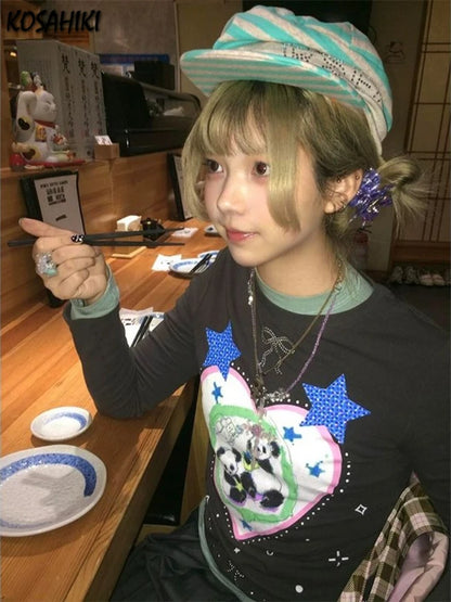 Chic Dollette Harajuku Cartoon Printing T-shirts Streetwear Black Diamond Bow Y2k Aesthetic Fairy Tshirts Women Grunge Bottoming Tops