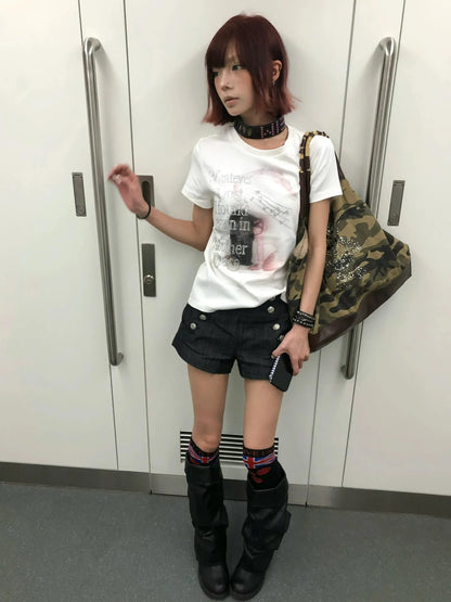 Chic Dollette Y2k Vintage Top Short Sleeve Aesthetic 2000s Rhinestone Print T-shirt Women American Retro Graphic Tees Streetwear