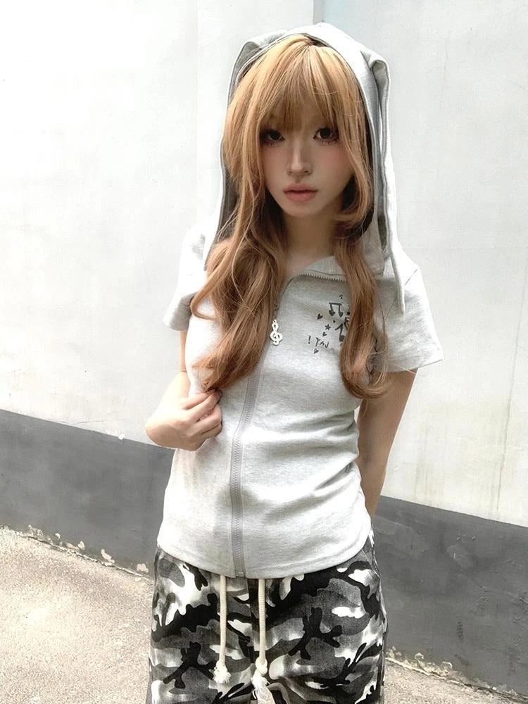 Chic Dollette Preppy Style Gray Printing Casual Cute Rabbit's Ears Hoodie Summer Grunge Zipper Sweatshirts Women Y2k Aesthetic Slim Fit Hoody