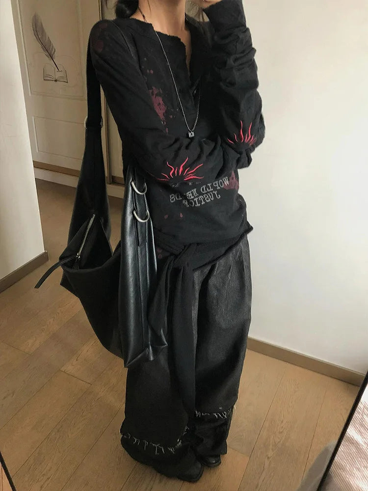 Chic Dollette Vintage Grunge Langarm Casual Loose T-Shirt Top Streetwear 2000er Japanisches T-Shirt Print Grafik-Top
