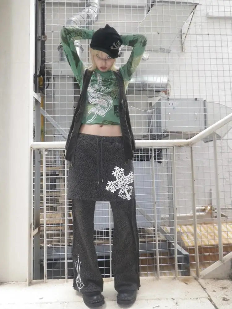Chic Dollette Print T-Shirt Kleidung Langarm Grün Durchsichtig Grunge Ästhetik Slim Frühlingsoberteil Gothic T-Shirts Elegante T-Shirts