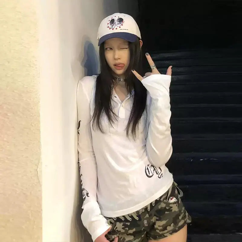 Chic Dollette  American Retro T-shirt Hooded Print Graphic Top  Vintage Top Streetwear Japanese 2000s Grunge Top E-girls