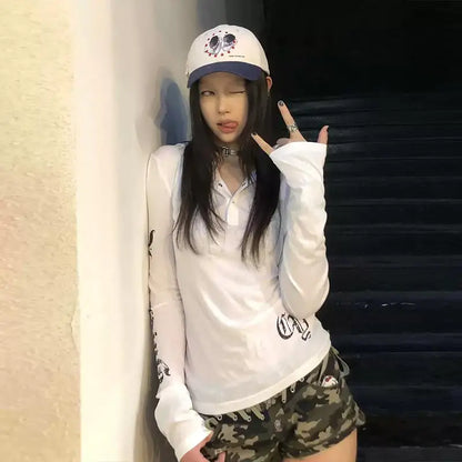 Chic Dollette  American Retro T-shirt Hooded Print Graphic Top  Vintage Top Streetwear Japanese 2000s Grunge Top E-girls