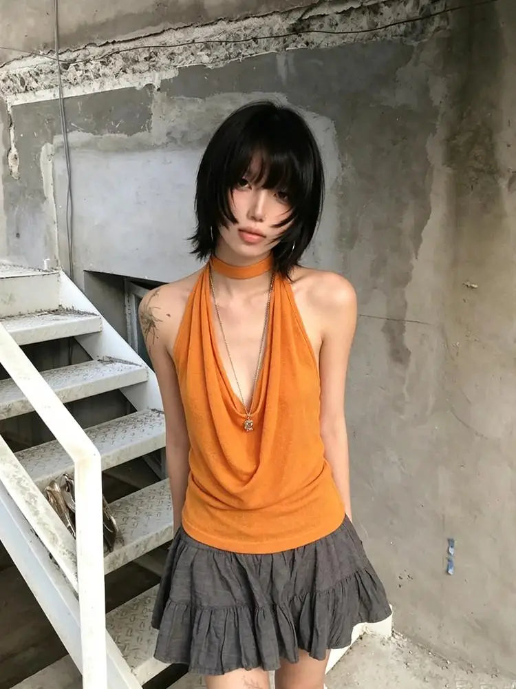 Chic Dollette Sexy Tanktop Neckholder zum Schnüren mit Schwingkragen Vintage Camis Streetwear Japanische ärmellose Tanks der 2000er-Jahre