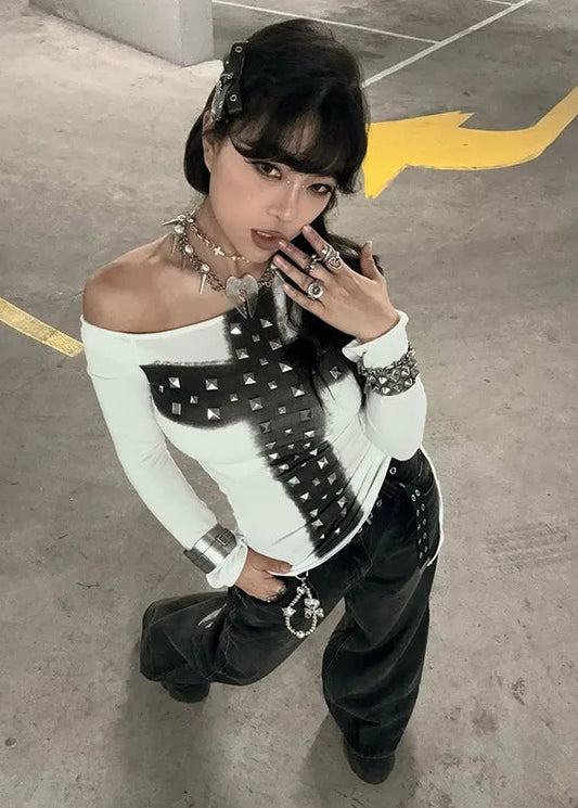 Chic Dollette T-shirt à manches longues pour femme Sexy Slim Chic Tendance Imprimé croix Haut col asymétrique Grunge Harajuku Streetwear féminin