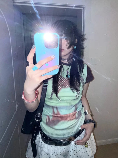 Chic Dollette Print T Shirt Women Short Sleeve Aesthetic 2000s Crop Tops American Retro 90s Graphic Tops Streetwear