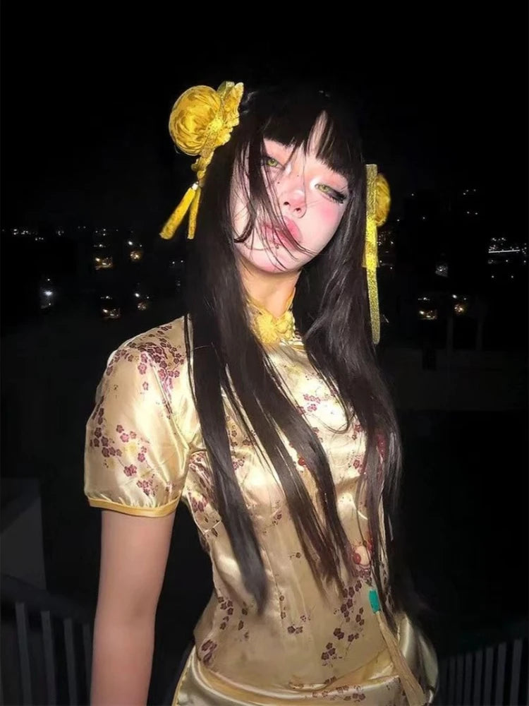 Chic Dollette Neo  Style Printing Blouses 2026 Summer Women Slim Fit Pleated Shirt Y2k Aesthetic Short Sleeve Vintage Grunge Blusas