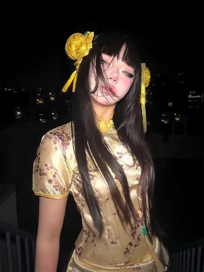 Chic Dollette Neo  Style Printing Blouses 2026 Summer Women Slim Fit Pleated Shirt Y2k Aesthetic Short Sleeve Vintage Grunge Blusas