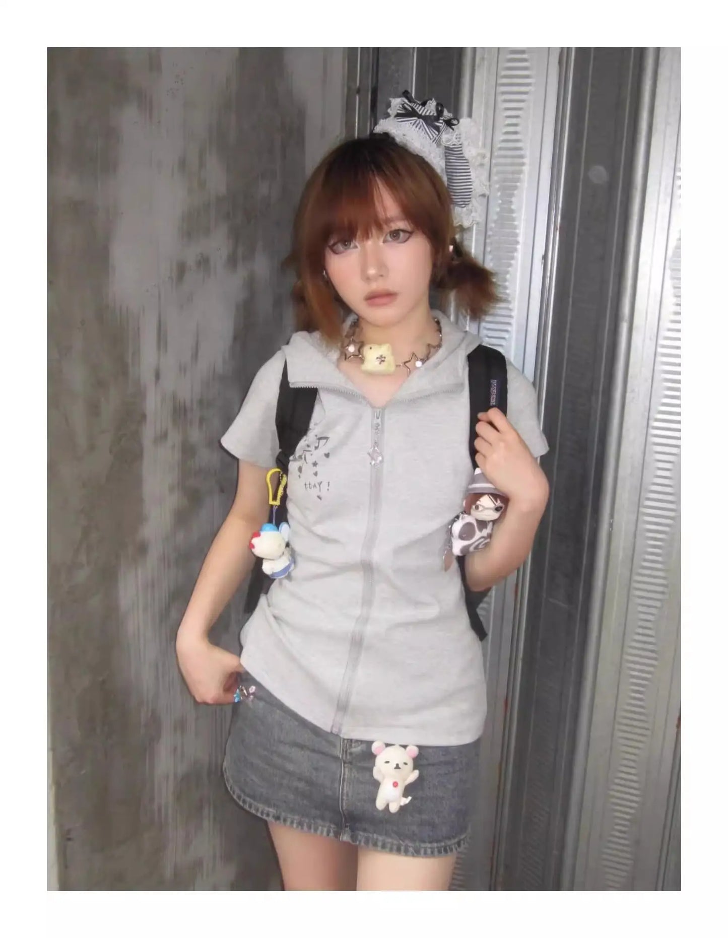Chic Dollette Rabbit Kapuzen-Grafik-T-Shirts Kurzarm Reißverschluss 2000er Kleidung Japan Style Kawaii Damenbekleidung Chic T-Shirts