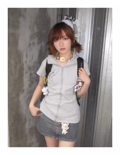 Chic Dollette Rabbit Kapuzen-Grafik-T-Shirts Kurzarm Reißverschluss 2000er Kleidung Japan Style Kawaii Damenbekleidung Chic T-Shirts