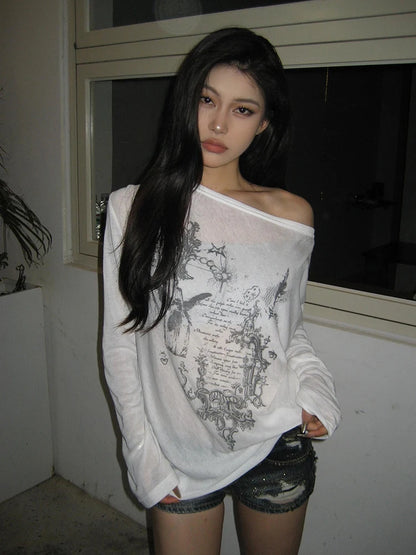Chic Dollette Korean Fashion Grafik-T-Shirts Leicht Transparentes T-Shirt Kleidung Langarm Lockeres T-Shirt Streetwear Frühlings-Top
