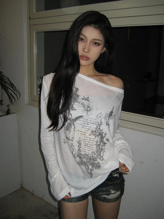 T-shirts graphiques coréens Chic Dollette légèrement transparents vêtements T-shirt à manches longues décontracté streetwear haut de printemps